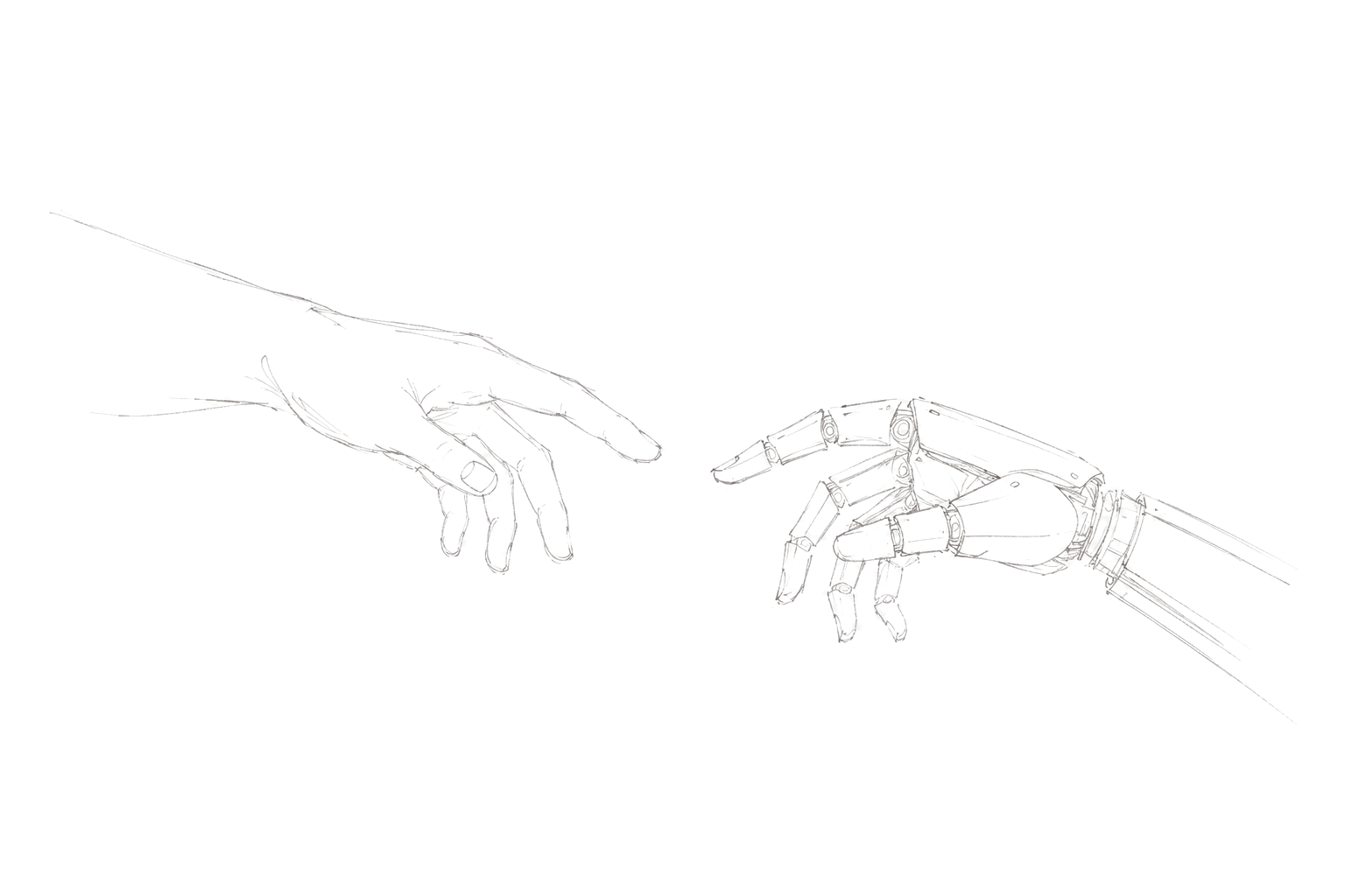 A lightly drawn human hand and robotic hand reaching toward one another.